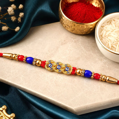 Peacock Feather, Floral Clover Charm & Evil Eye Stone Rakhi for Brother (3 Pc)