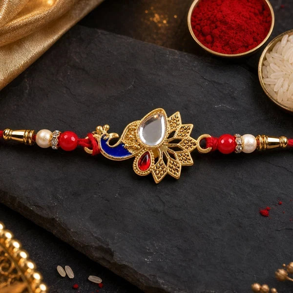 Peacock Feather, Floral Clover Charm & Evil Eye Stone Rakhi for Brother (3 Pc)