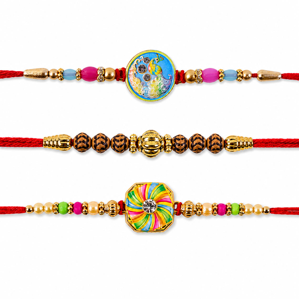 Peacock Round, Traditional Beads & Pinwheel Meenakari Rakhi for Brother (3 Pc)