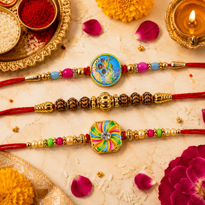 Peacock Round, Traditional Beads & Pinwheel Meenakari Rakhi for Brother (3 Pc)