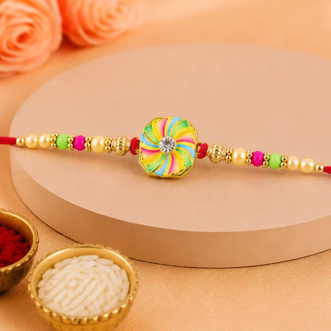 Peacock Round, Traditional Beads & Pinwheel Meenakari Rakhi for Brother (3 Pc)