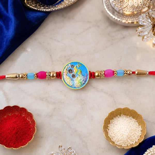 Peacock Round, Traditional Beads & Pinwheel Meenakari Rakhi for Brother (3 Pc)