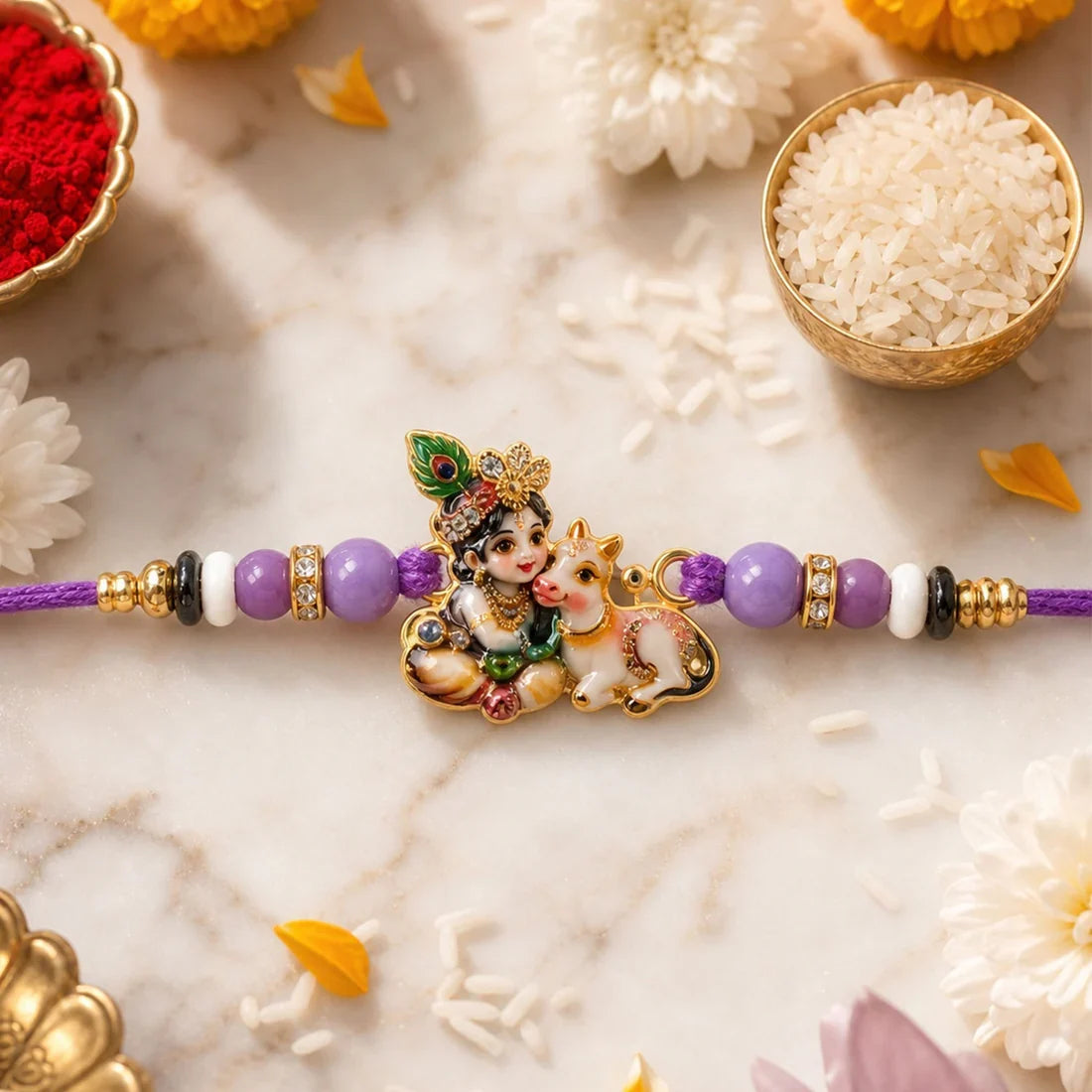 Golden Meenakari, Silver Floral & Bal Krishna Cow Rakhi for Brother (3 Pc Set)