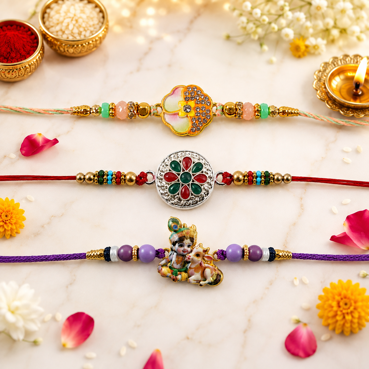 Golden Meenakari, Silver Floral & Bal Krishna Cow Rakhi for Brother (3 Pc Set)