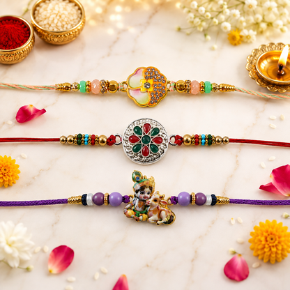 Golden Meenakari, Silver Floral & Bal Krishna Cow Rakhi for Brother (3 Pc Set)
