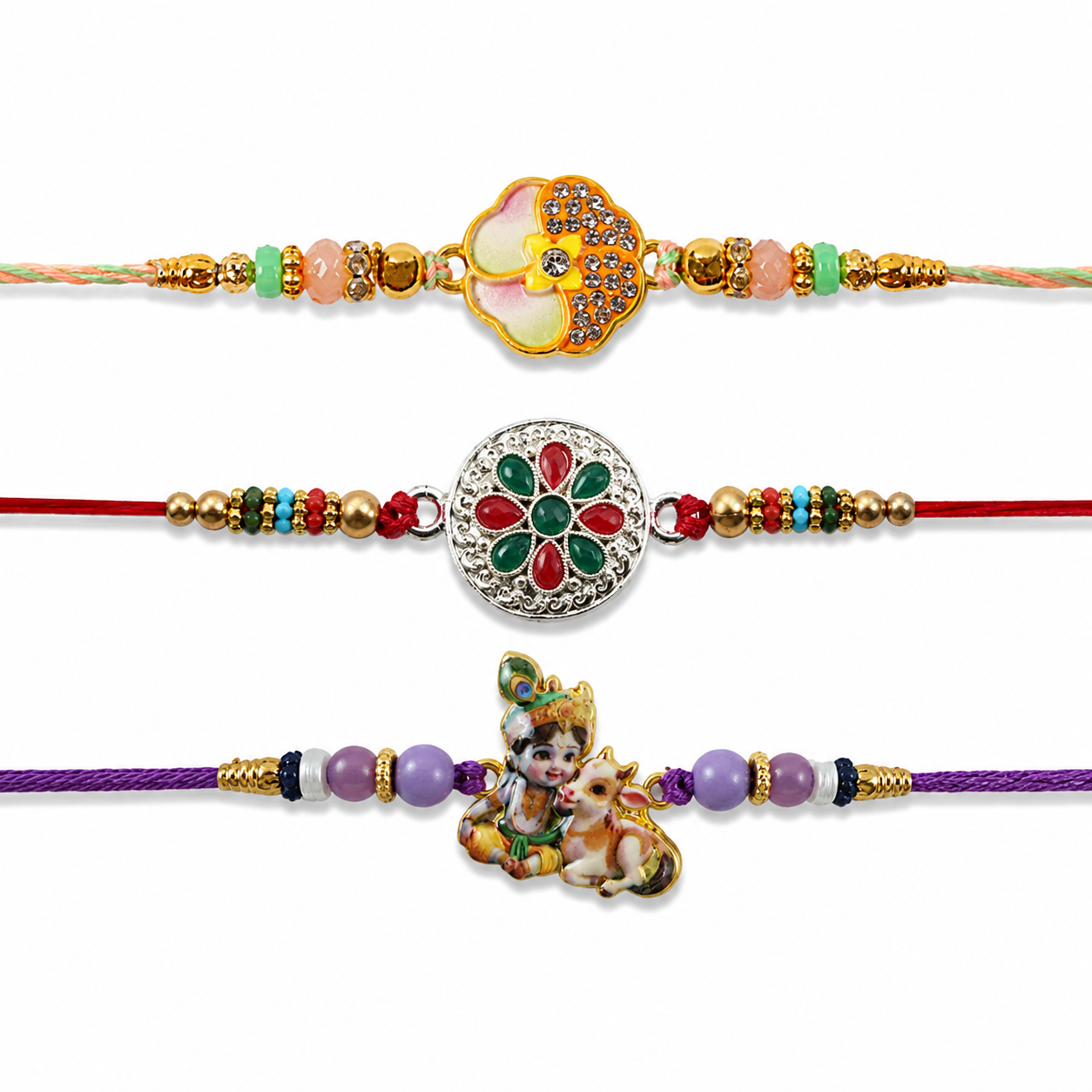Golden Meenakari, Silver Floral & Bal Krishna Cow Rakhi for Brother (3 Pc Set)