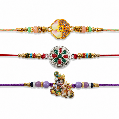 Golden Meenakari, Silver Floral & Bal Krishna Cow Rakhi for Brother (3 Pc Set)