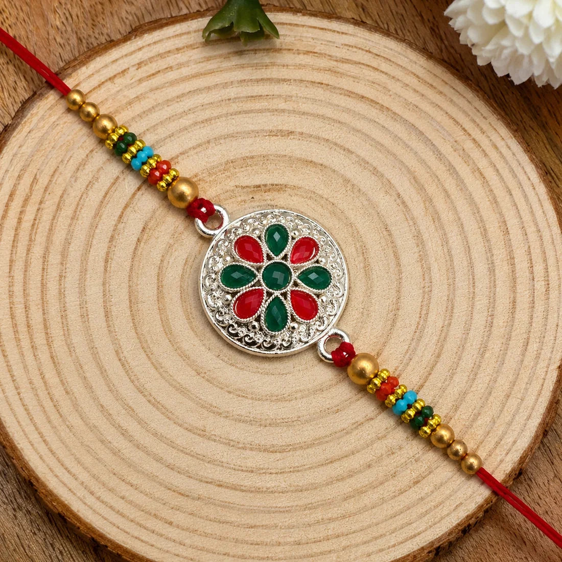 Golden Meenakari, Silver Floral & Bal Krishna Cow Rakhi for Brother (3 Pc Set)
