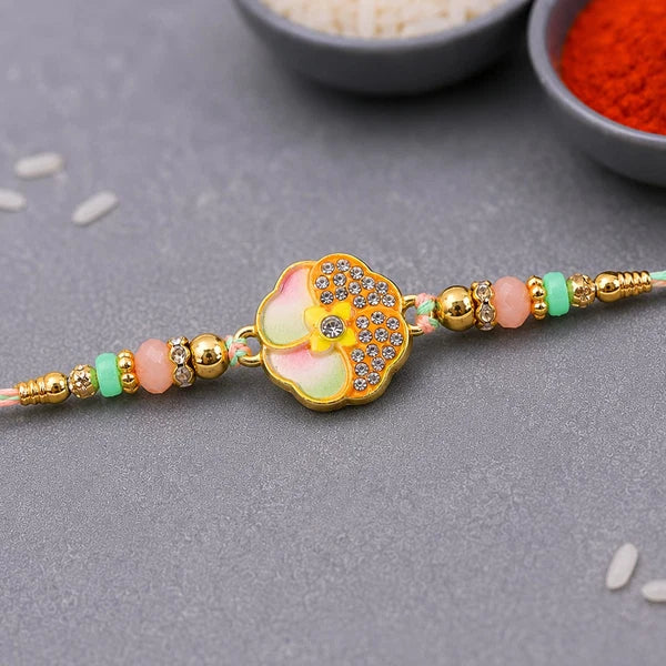 Golden Meenakari, Silver Floral & Bal Krishna Cow Rakhi for Brother (3 Pc Set)