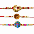 Golden Peacock Feather, Traditional Om & Peacock Beaded Rakhi for Brother (3 Pc)
