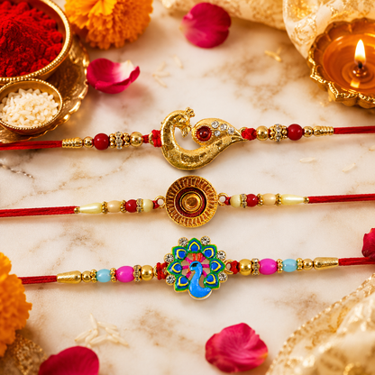 Golden Peacock Feather, Traditional Om & Peacock Beaded Rakhi for Brother (3 Pc)