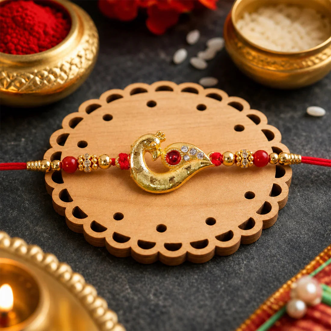 Golden Peacock Feather, Traditional Om & Peacock Beaded Rakhi for Brother (3 Pc)