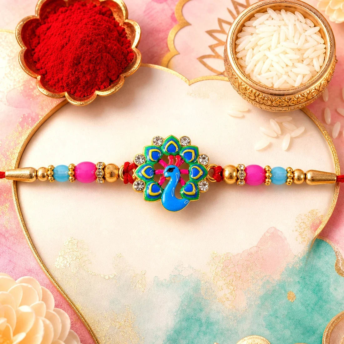 Golden Peacock Feather, Traditional Om & Peacock Beaded Rakhi for Brother (3 Pc)