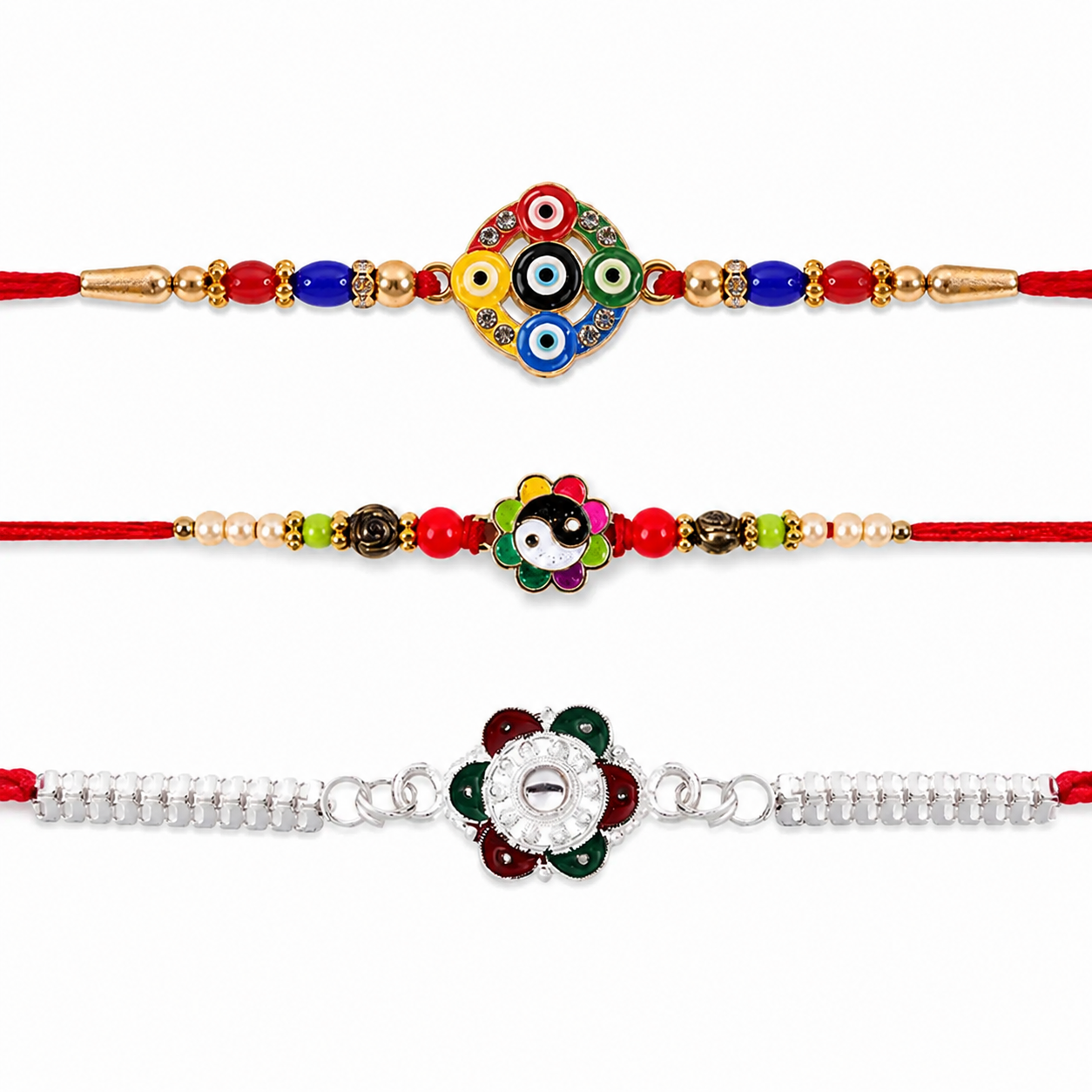 Evil Eye Motif, Floral Enamel Pearl & Mirror Stone Chain Rakhi for Brother (3 Pc)