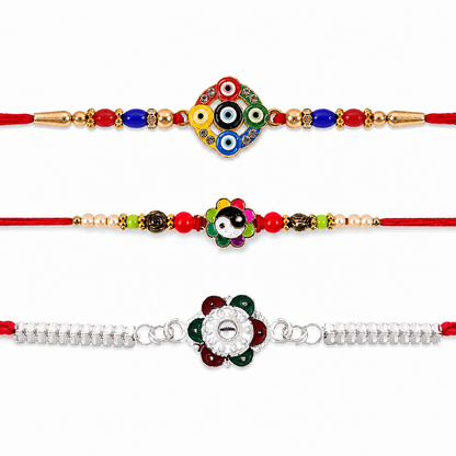 Evil Eye Motif, Floral Enamel Pearl & Mirror Stone Chain Rakhi for Brother (3 Pc)