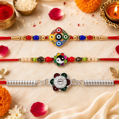 Evil Eye Motif, Floral Enamel Pearl & Mirror Stone Chain Rakhi for Brother (3 Pc)