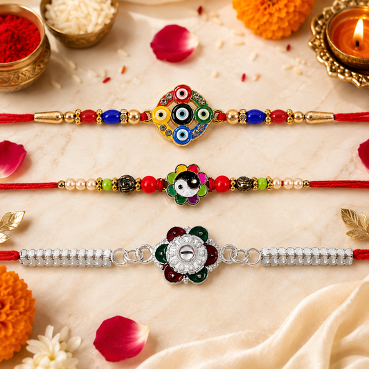 Evil Eye Motif, Floral Enamel Pearl & Mirror Stone Chain Rakhi for Brother (3 Pc)