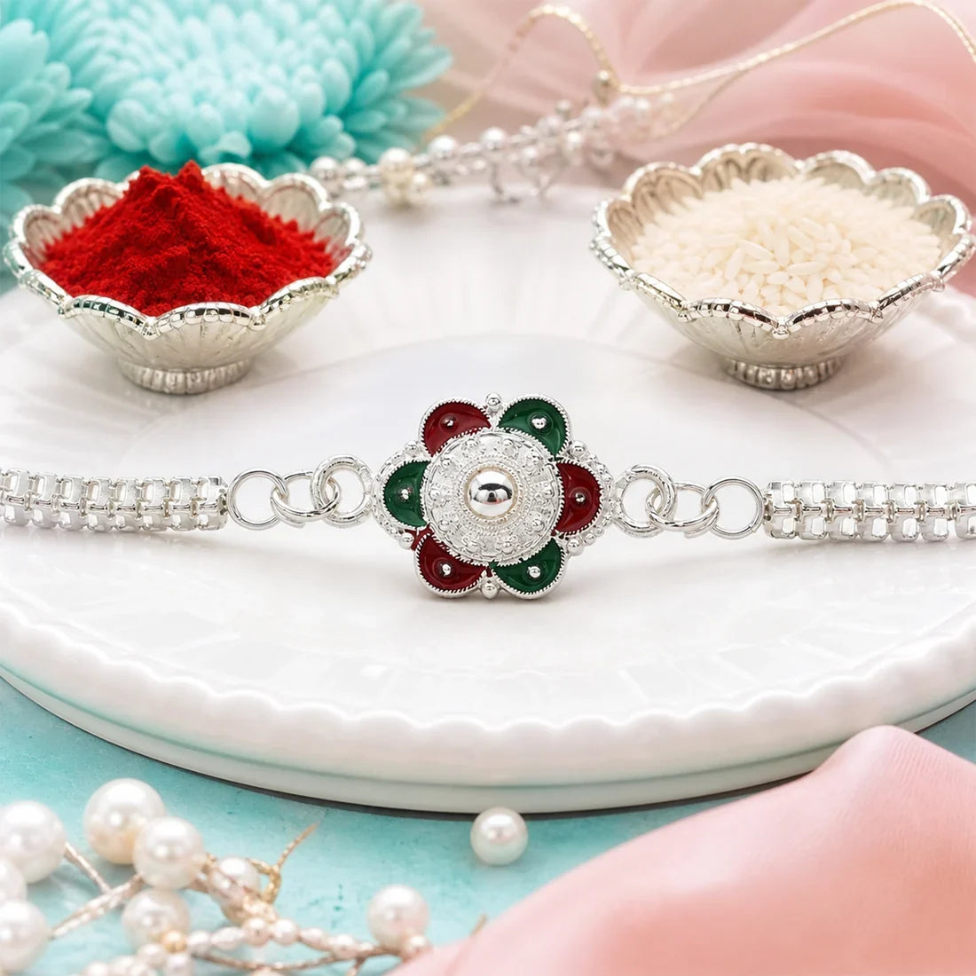 Evil Eye Motif, Floral Enamel Pearl & Mirror Stone Chain Rakhi for Brother (3 Pc)