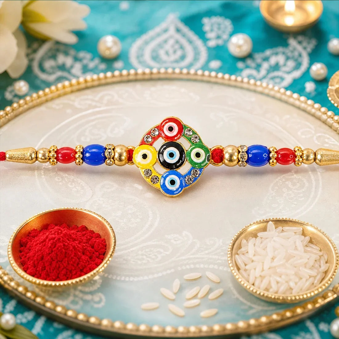 Evil Eye Motif, Floral Enamel Pearl & Mirror Stone Chain Rakhi for Brother (3 Pc)