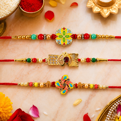 Floral Meenakari, Om Damaru Stone & Pinwheel Crystal Rakhi for Brother (3 Pc Set)
