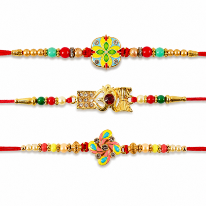 Floral Meenakari, Om Damaru Stone & Pinwheel Crystal Rakhi for Brother (3 Pc Set)