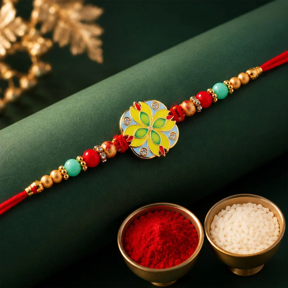 Floral Meenakari, Om Damaru Stone & Pinwheel Crystal Rakhi for Brother (3 Pc Set)