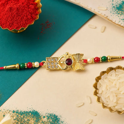 Floral Meenakari, Om Damaru Stone & Pinwheel Crystal Rakhi for Brother (3 Pc Set)