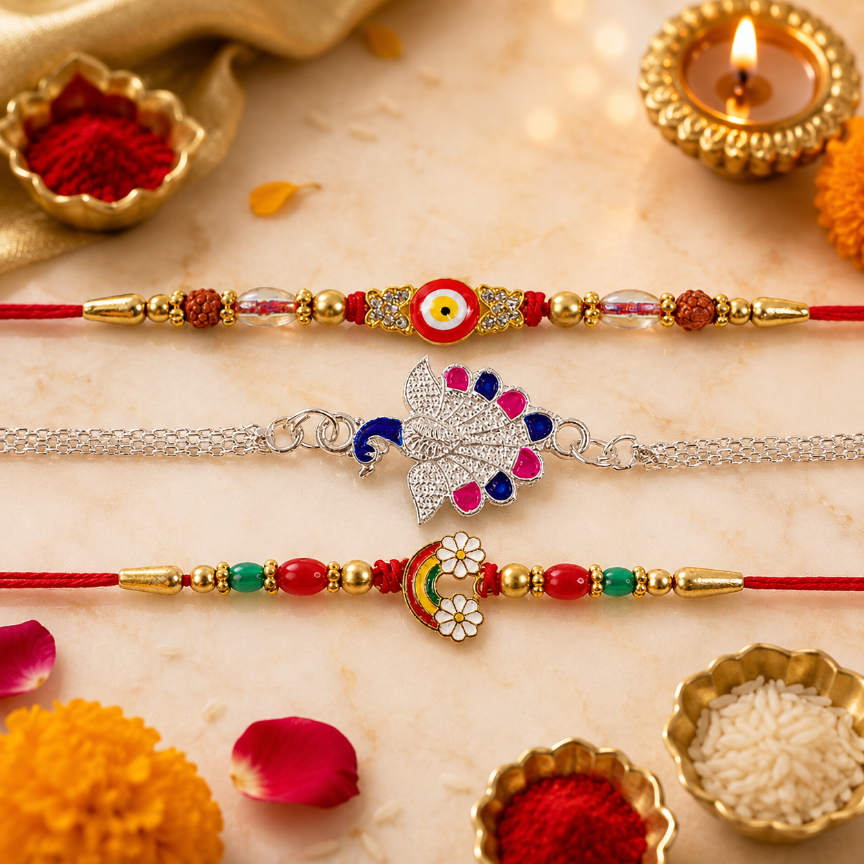 Evil Eye Charm, Peacock Stone Chain & Rainbow Flower Rakhi for Brother (3 Pc Set)