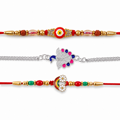 Evil Eye Charm, Peacock Stone Chain & Rainbow Flower Rakhi for Brother (3 Pc Set)