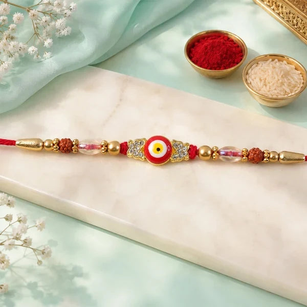Evil Eye Charm, Peacock Stone Chain & Rainbow Flower Rakhi for Brother (3 Pc Set)