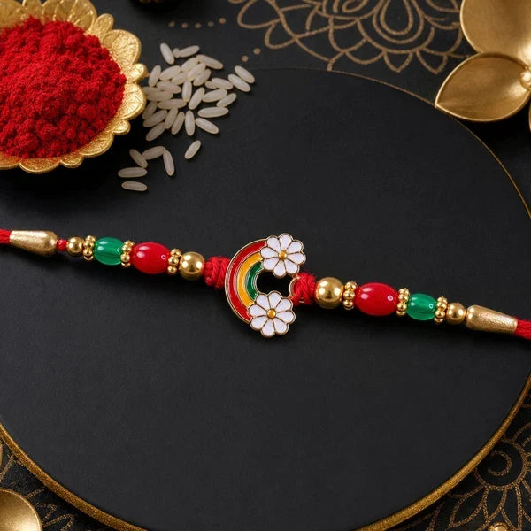 Evil Eye Charm, Peacock Stone Chain & Rainbow Flower Rakhi for Brother (3 Pc Set)