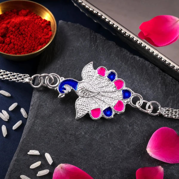 Evil Eye Charm, Peacock Stone Chain & Rainbow Flower Rakhi for Brother (3 Pc Set)