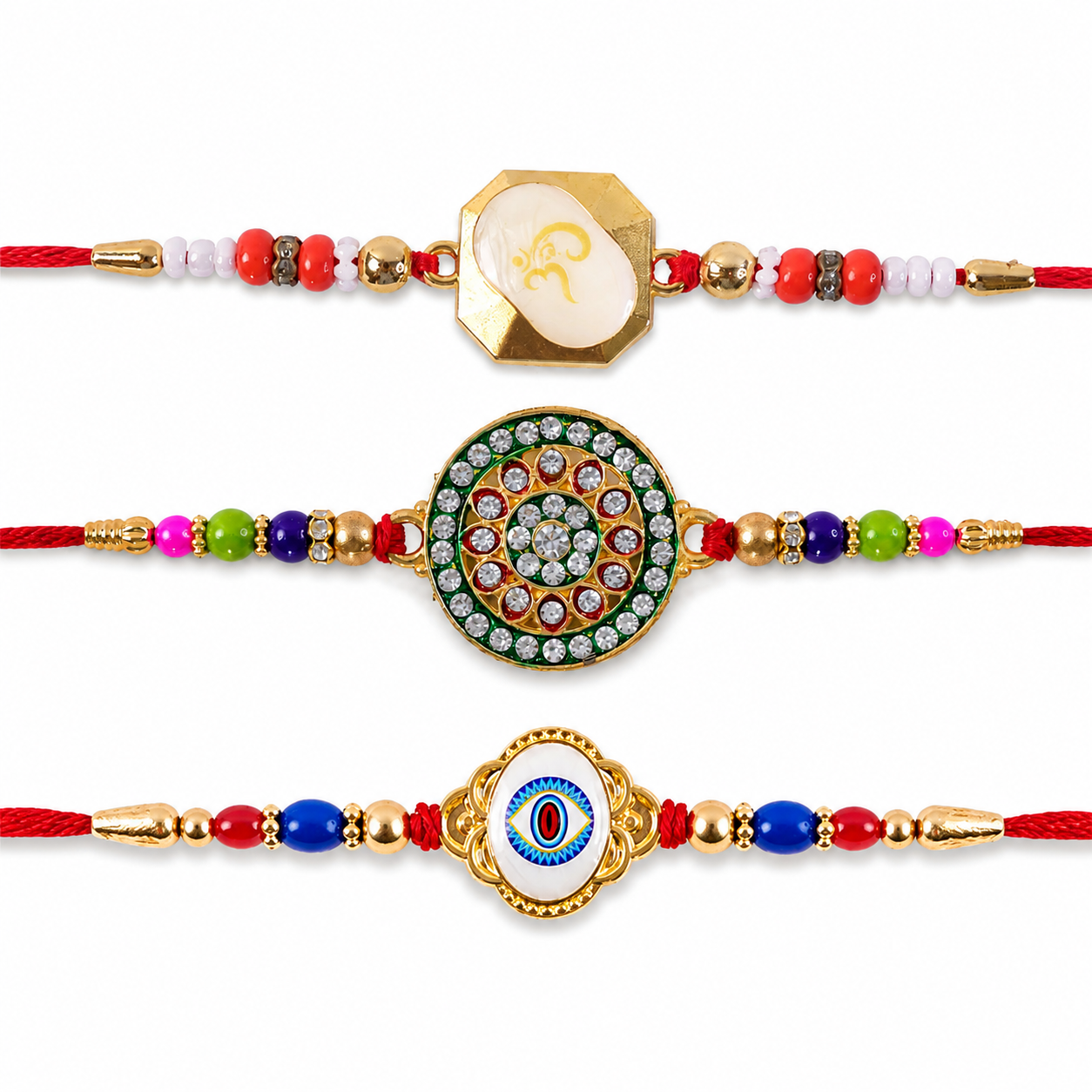Divine Om Charm, Traditional Circle & Evil Eye Stone Rakhi for Brother (3 Pc Set)