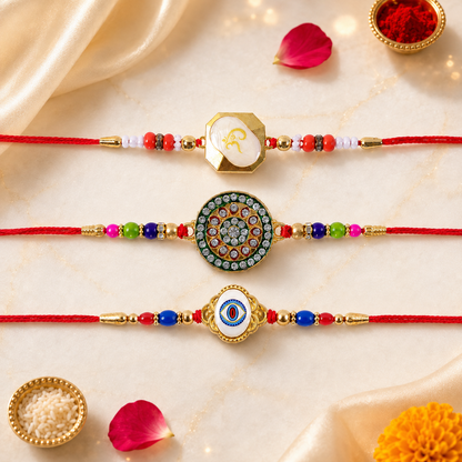 Divine Om Charm, Traditional Circle & Evil Eye Stone Rakhi for Brother (3 Pc Set)