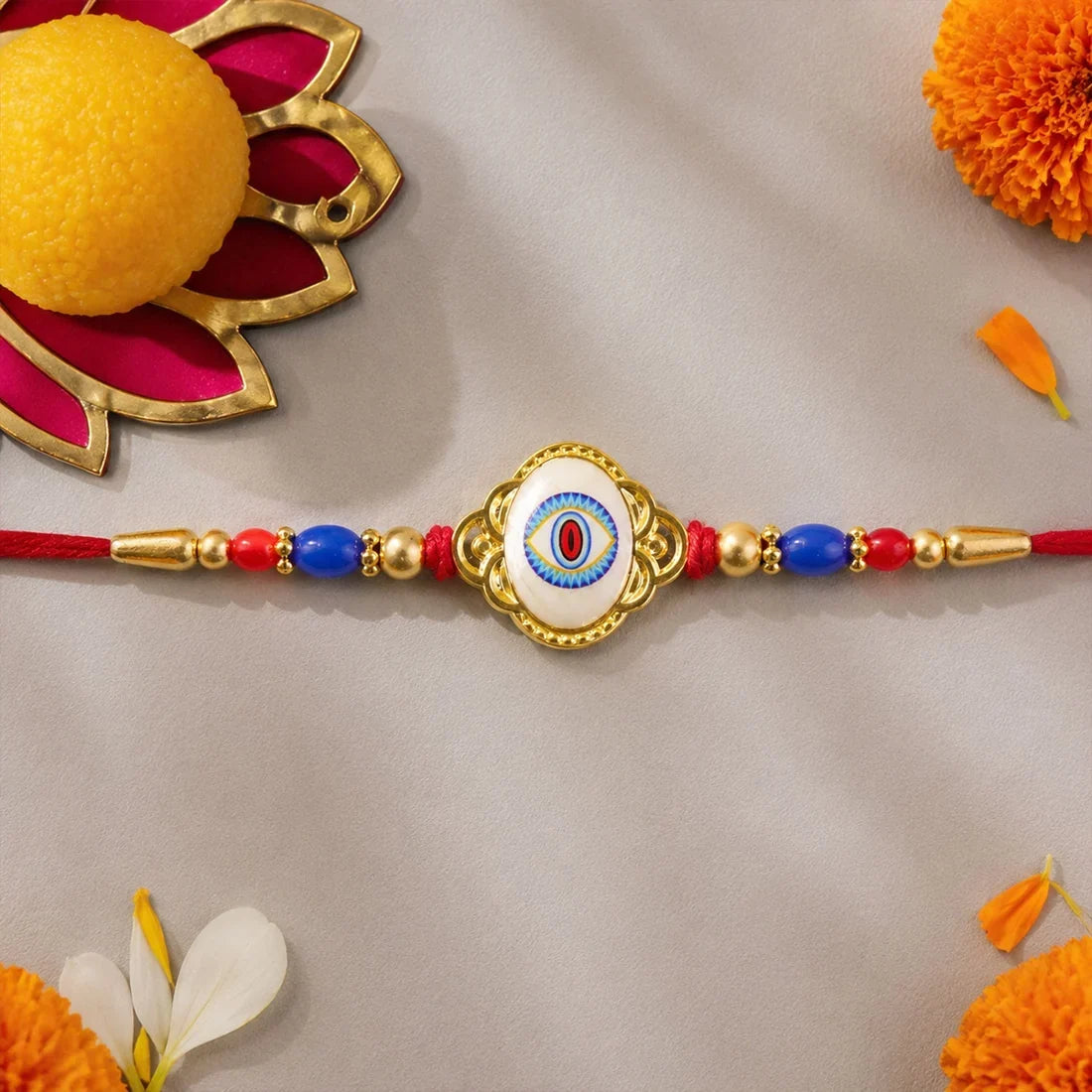 Divine Om Charm, Traditional Circle & Evil Eye Stone Rakhi for Brother (3 Pc Set)