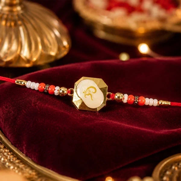 Divine Om Charm, Traditional Circle & Evil Eye Stone Rakhi for Brother (3 Pc Set)