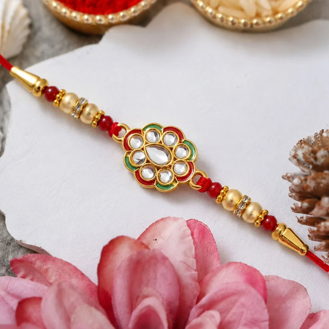 Ganesh Lotus Leaf, Kundan Floral & Stylish Sun Design Rakhi for Brother (3 Pc)