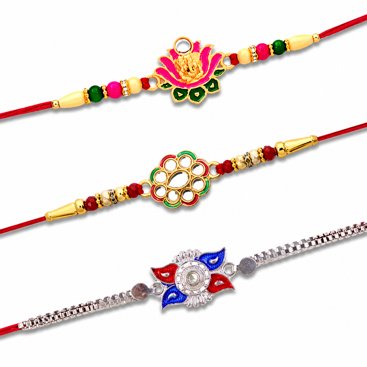 Ganesh Lotus Leaf, Kundan Floral & Stylish Sun Design Rakhi for Brother (3 Pc)