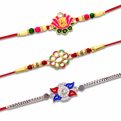 Ganesh Lotus Leaf, Kundan Floral & Stylish Sun Design Rakhi for Brother (3 Pc)