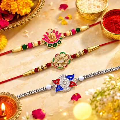 Ganesh Lotus Leaf, Kundan Floral & Stylish Sun Design Rakhi for Brother (3 Pc)
