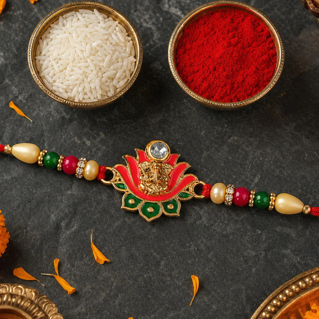 Ganesh Lotus Leaf, Kundan Floral & Stylish Sun Design Rakhi for Brother (3 Pc)