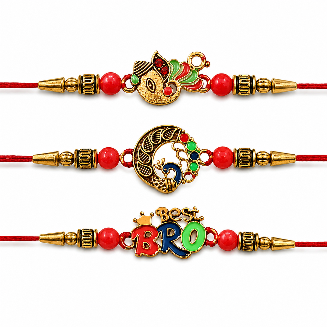 Colorful Best Bro Crown, Ganpati & Round Peacock Design Rakhi for Brother (3 Pc)