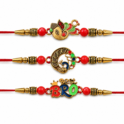 Colorful Best Bro Crown, Ganpati & Round Peacock Design Rakhi for Brother (3 Pc)