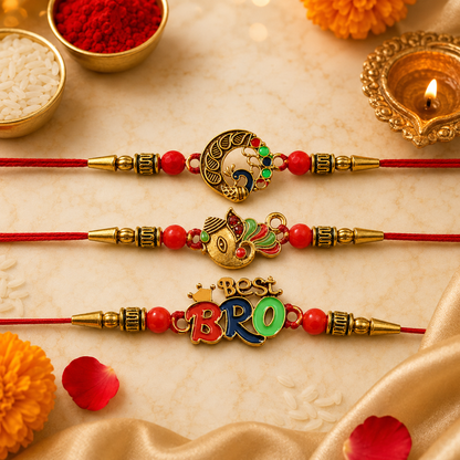 Colorful Best Bro Crown, Ganpati & Round Peacock Design Rakhi for Brother (3 Pc)