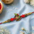 Divine Maharashtrian God, Red Beaded Krishna & Blessing Rakhi for Brother (3 Pc)