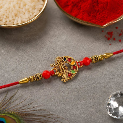 Divine Maharashtrian God, Red Beaded Krishna & Blessing Rakhi for Brother (3 Pc)