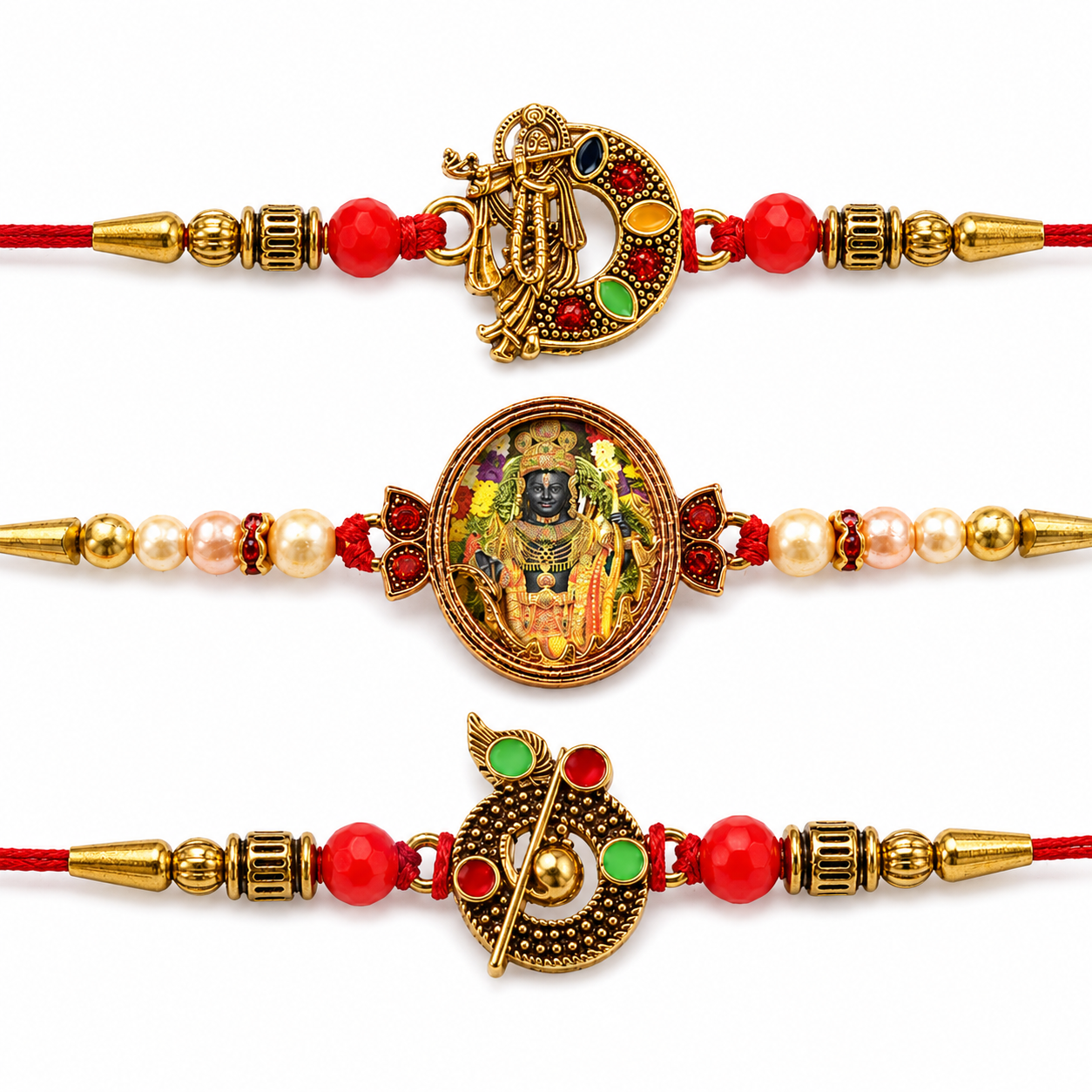 Divine Maharashtrian God, Red Beaded Krishna & Blessing Rakhi for Brother (3 Pc)