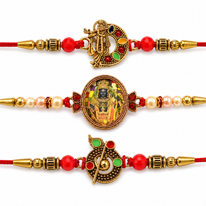 Divine Maharashtrian God, Red Beaded Krishna & Blessing Rakhi for Brother (3 Pc)
