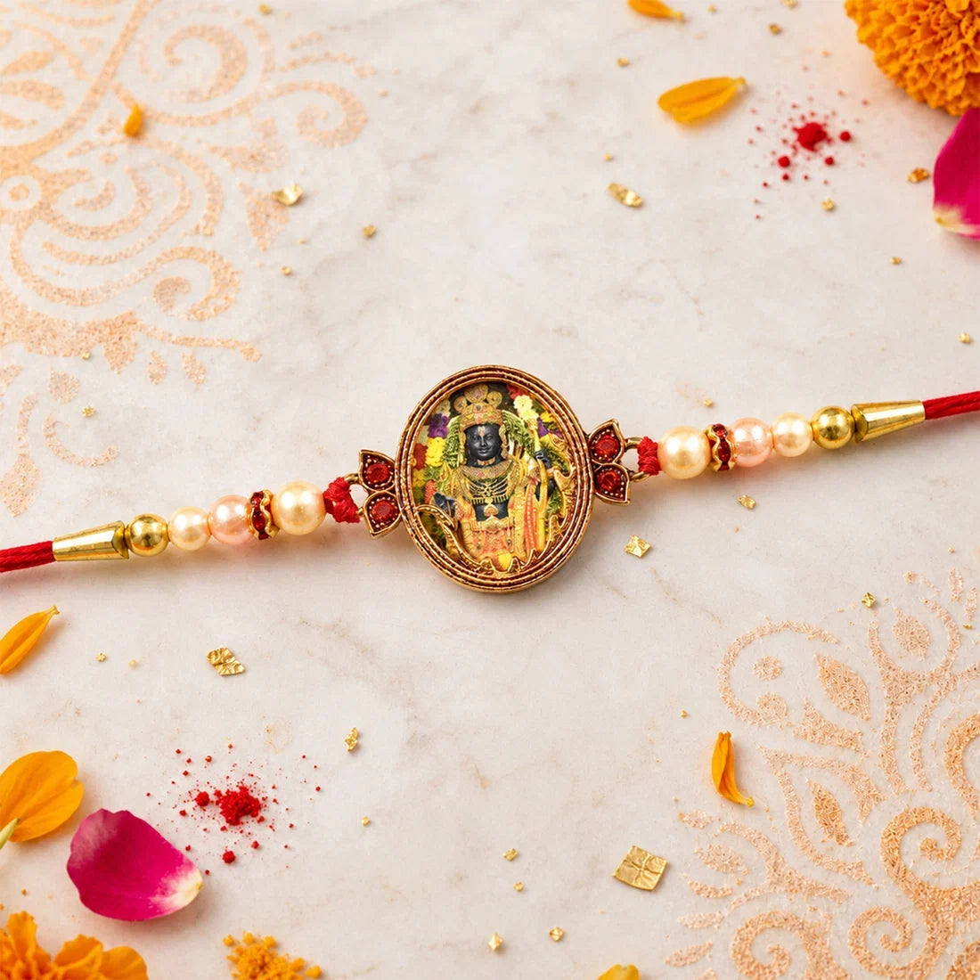 Divine Maharashtrian God, Red Beaded Krishna & Blessing Rakhi for Brother (3 Pc)