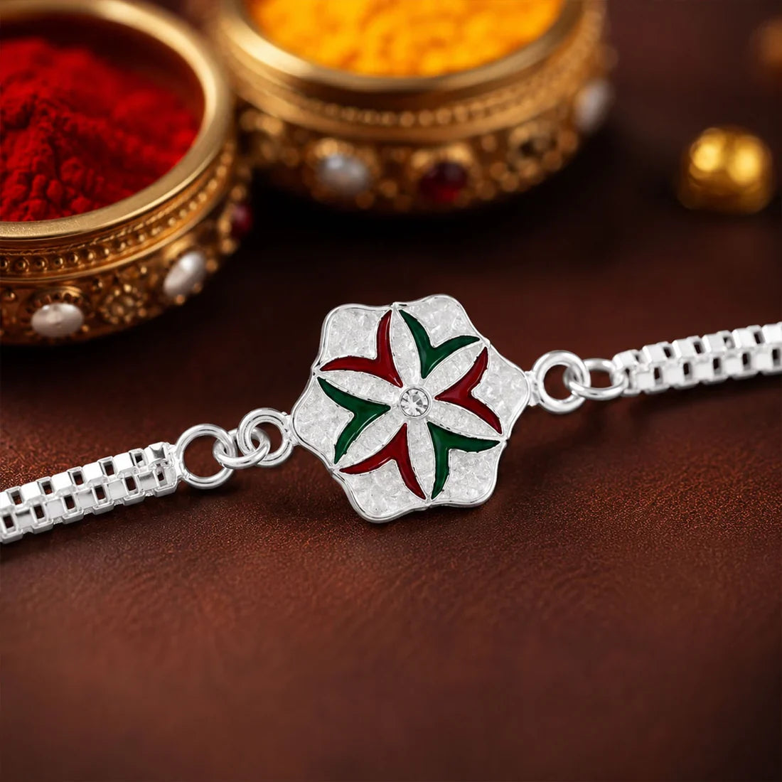 Silver Meenakari Floral, Colorful Petal & Flower Chain Rakhi for Brother (3 Pc)